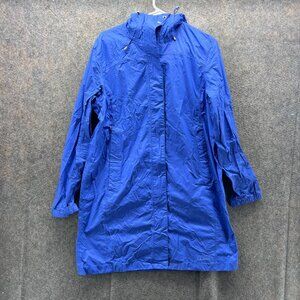 LL Bean Jacket Womens Medium Blue Rain Windbreaker Hooded Nylon Coat Long VTG